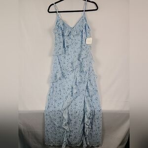 NEW Altar’d Ruffled Floral Tiered Maxi Dress in Blue Size L Semi Formal $104